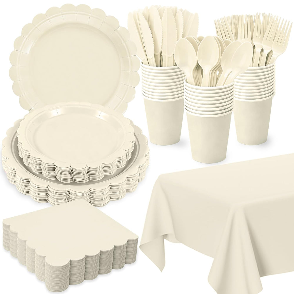 Oigco ivory 9-inch dinner plates with beige scalloped edges for elegant event dining.