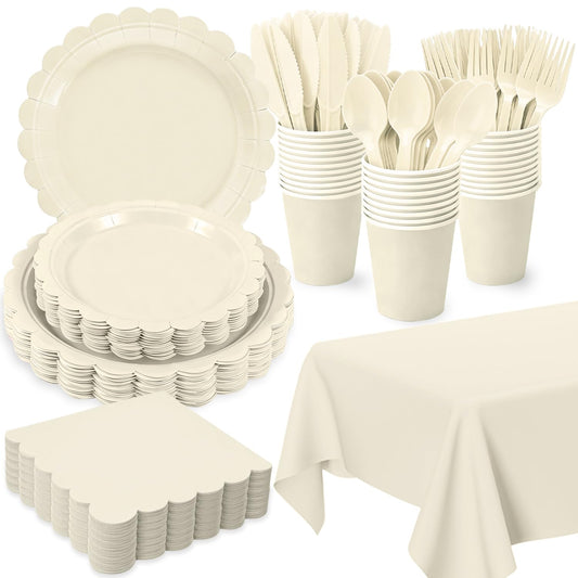 Oigco ivory 9-inch dinner plates with beige scalloped edges for elegant event dining.