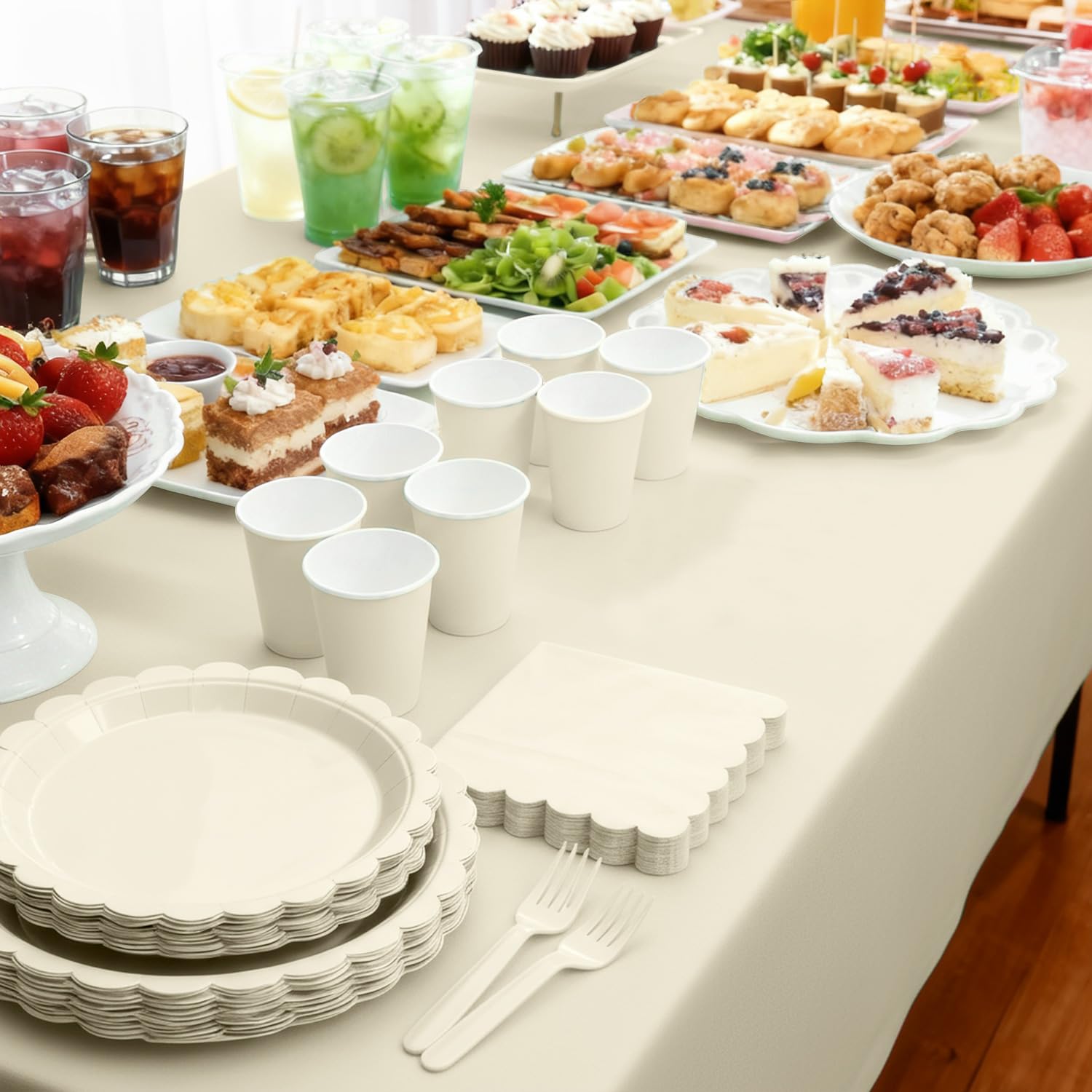 Oigco ivory table setup creates a cohesive look for baby showers and weddings.