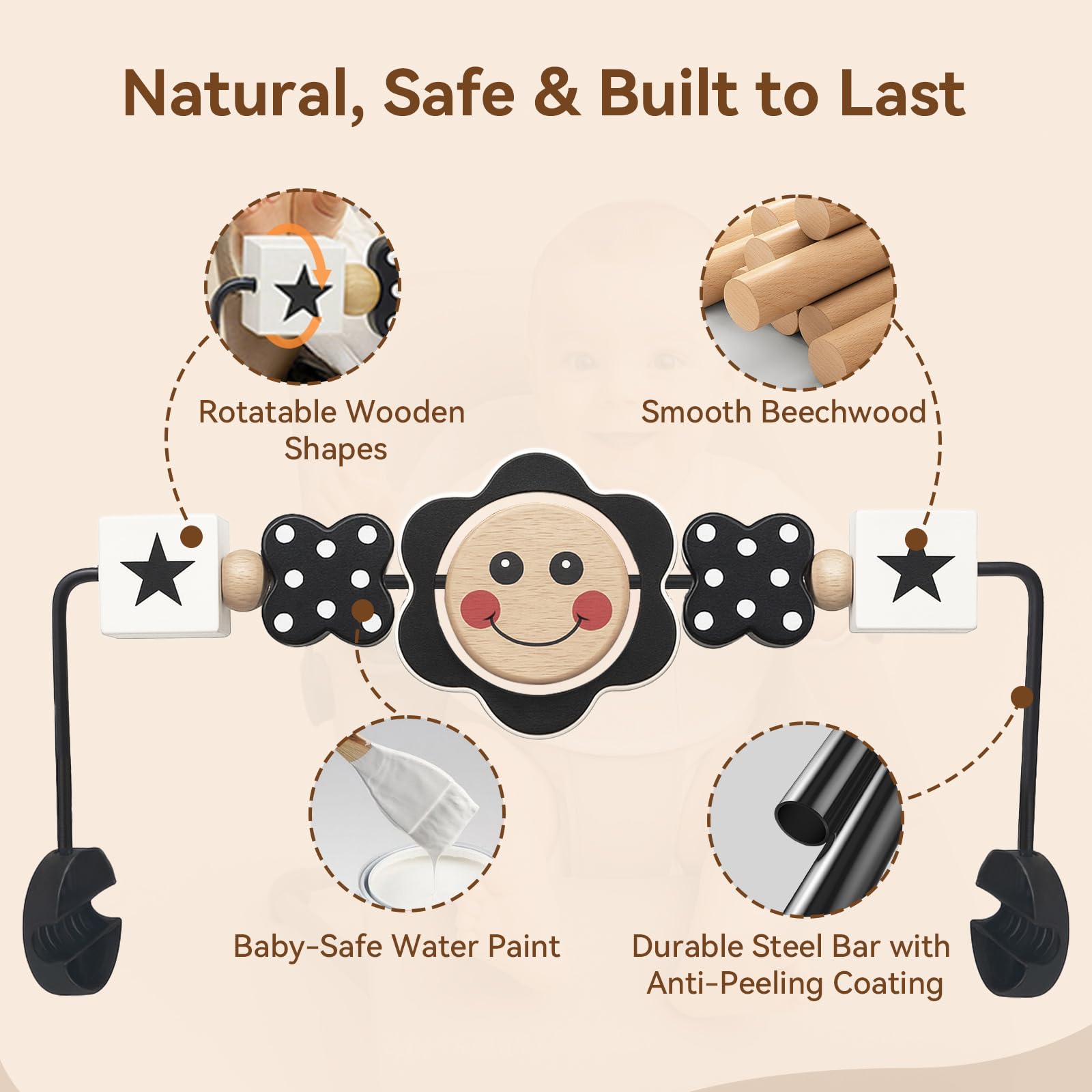Secure clips and threaded swivel ensure a sturdy fit on compatible bouncers.