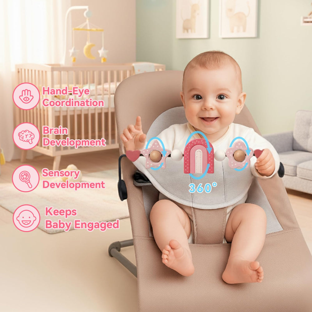 Oiibid toy bar secure clip system keeps it firmly attached to compatible bouncers.