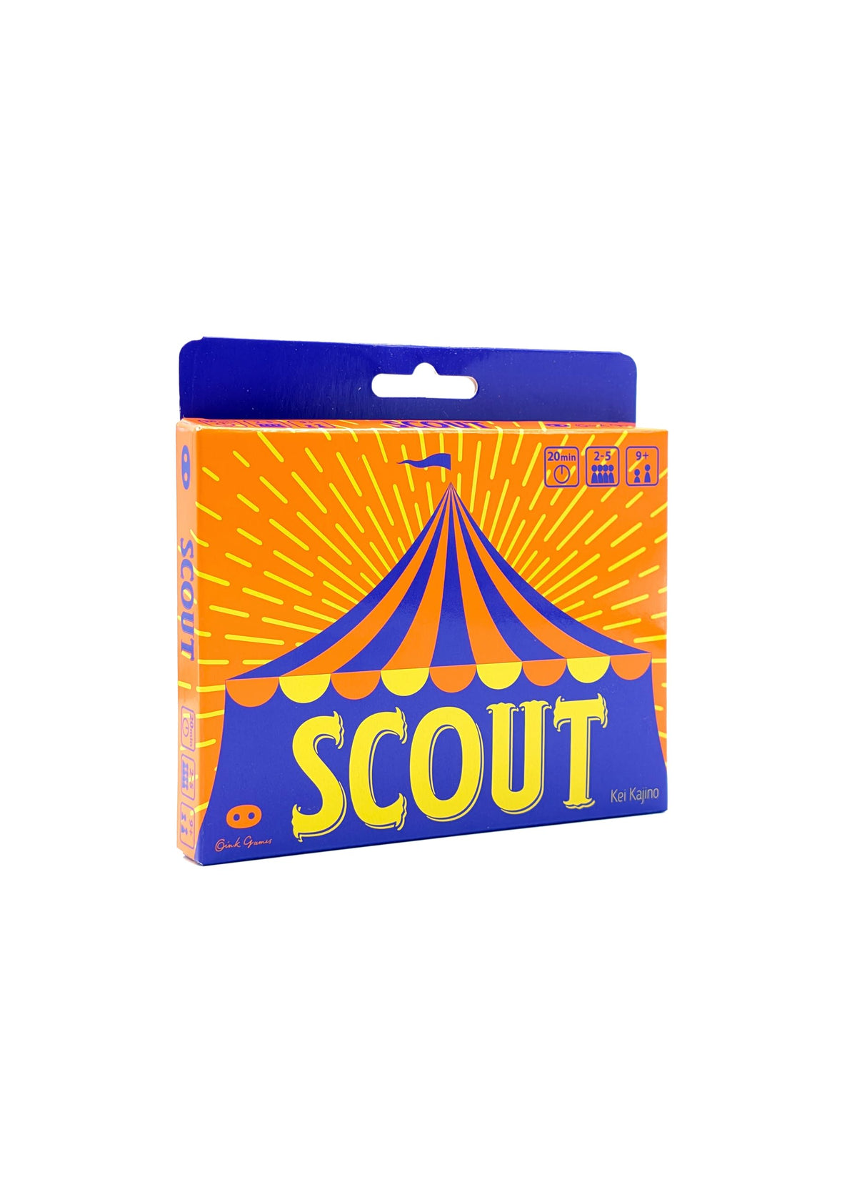 Oink Games SCOUT tuckbox front showing compact packaging and portability benefit
