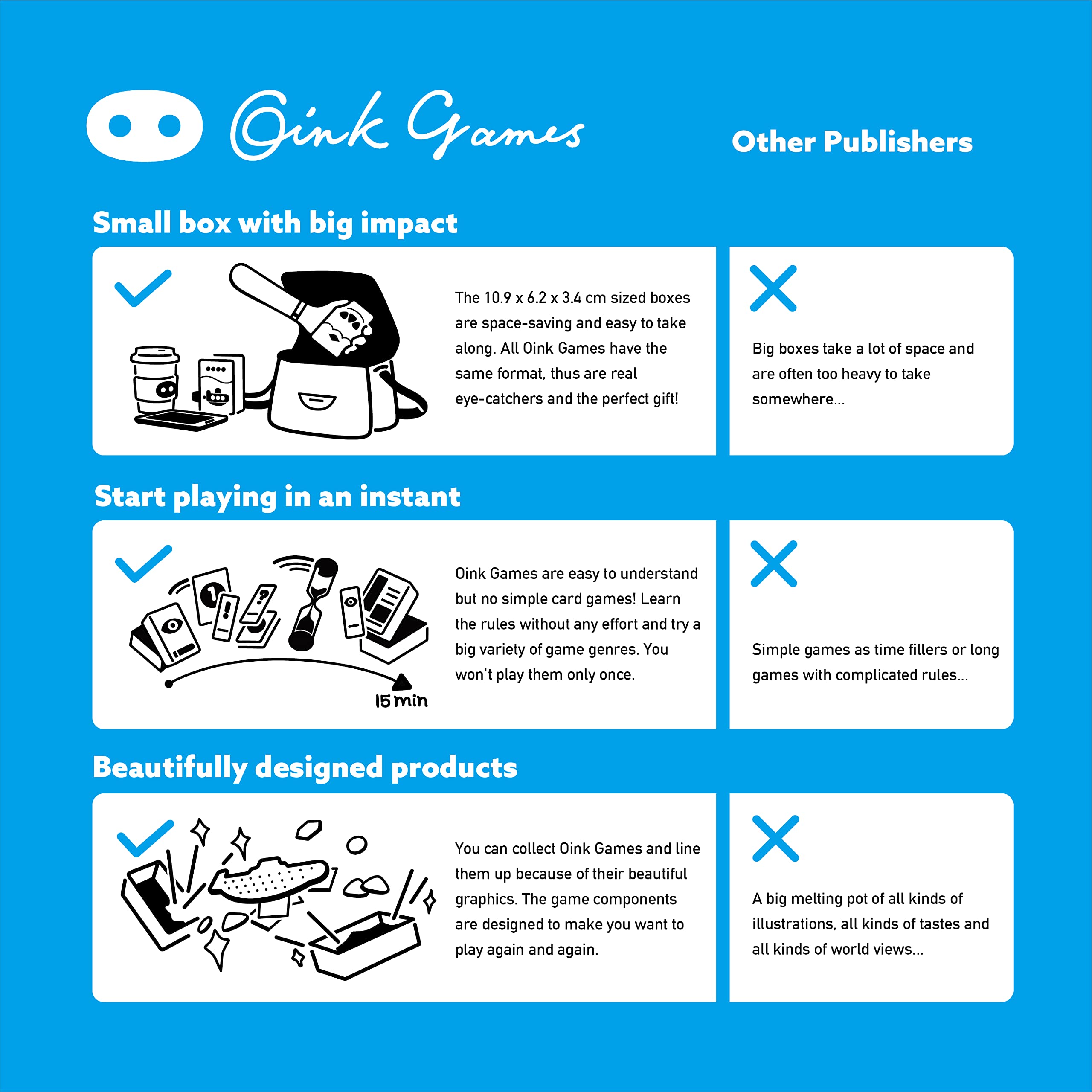 Oink Games card detail with readable text highlighting easy setup benefit