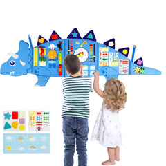 Oirtmiu Dinosaur Busy Board front view with colorful felt panels for tactile learning.