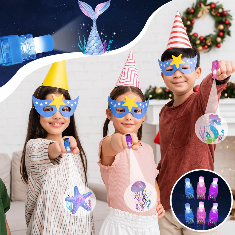 Oitnlaughter glow-in-the-dark finger lights enhance ocean-themed celebrations.