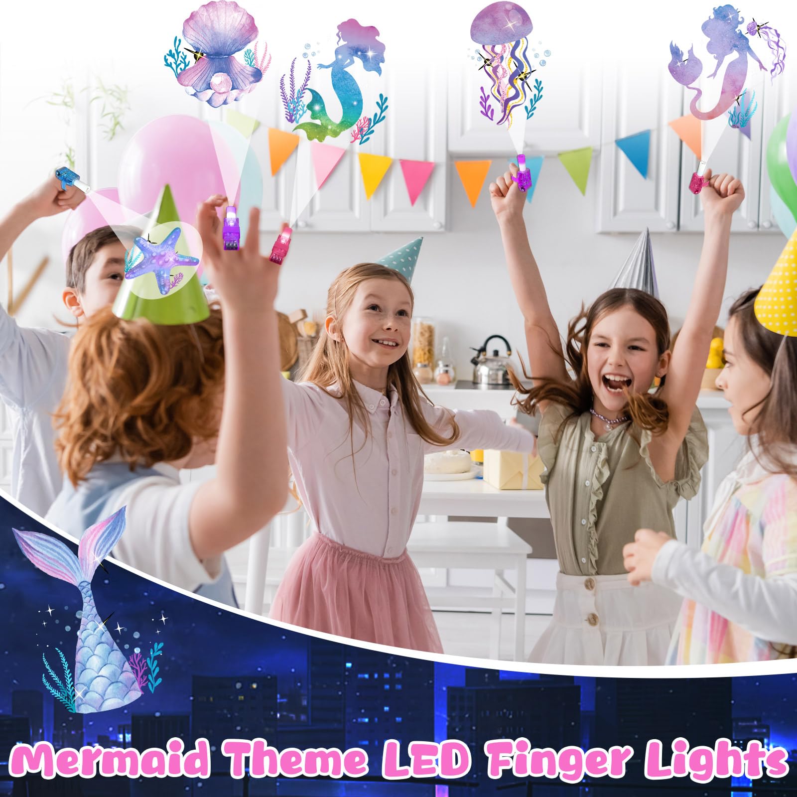 Oitnlaughter 36-pack mermaid finger lights creating a magical party moment.