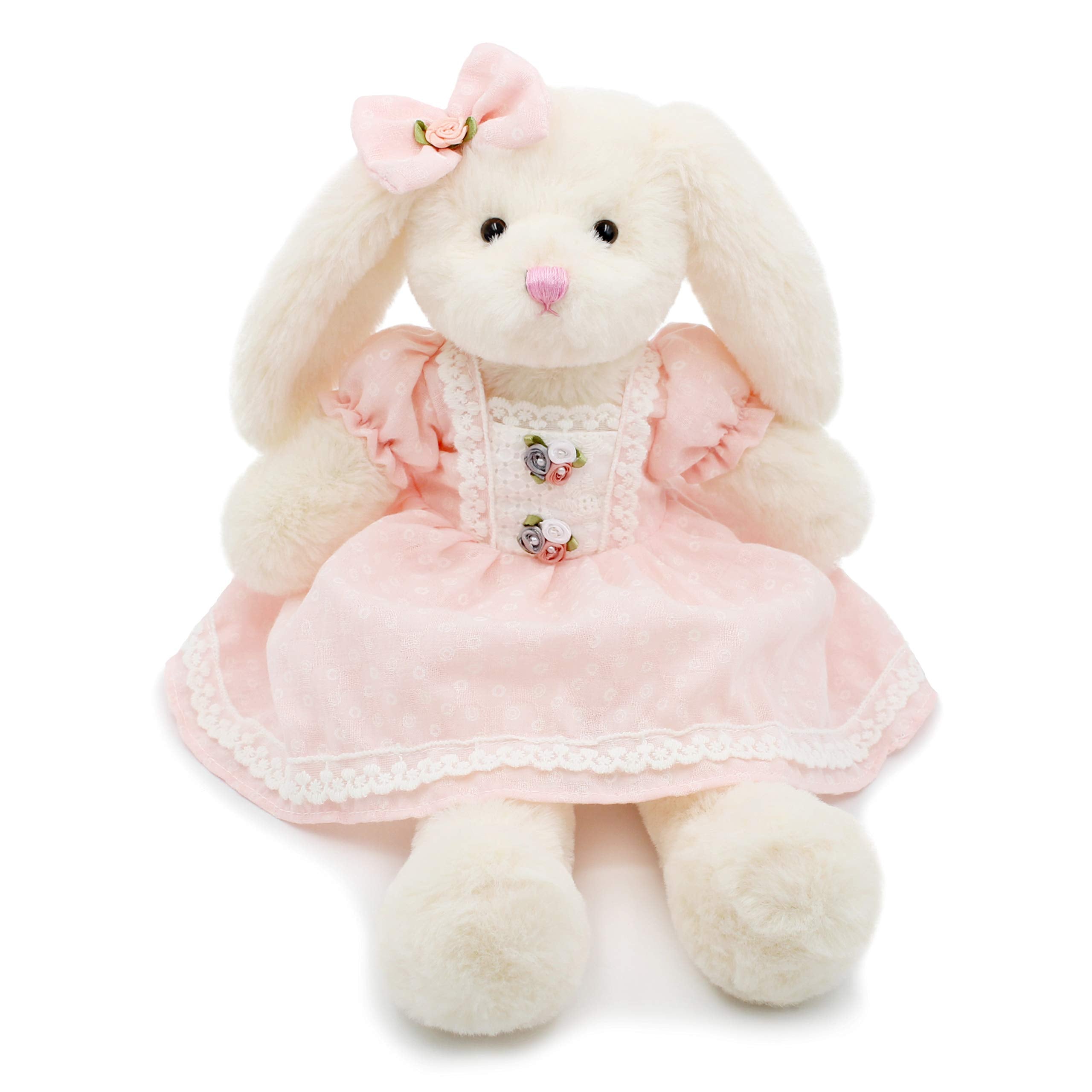 oits cute white bunny plush wearing pink retro dress ideal for gentle cuddling