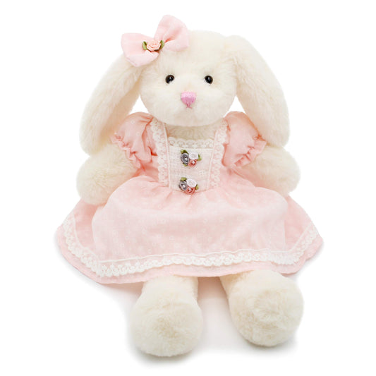 oits cute white bunny plush wearing pink retro dress ideal for gentle cuddling