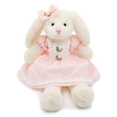 oits cute white bunny plush wearing pink retro dress ideal for gentle cuddling