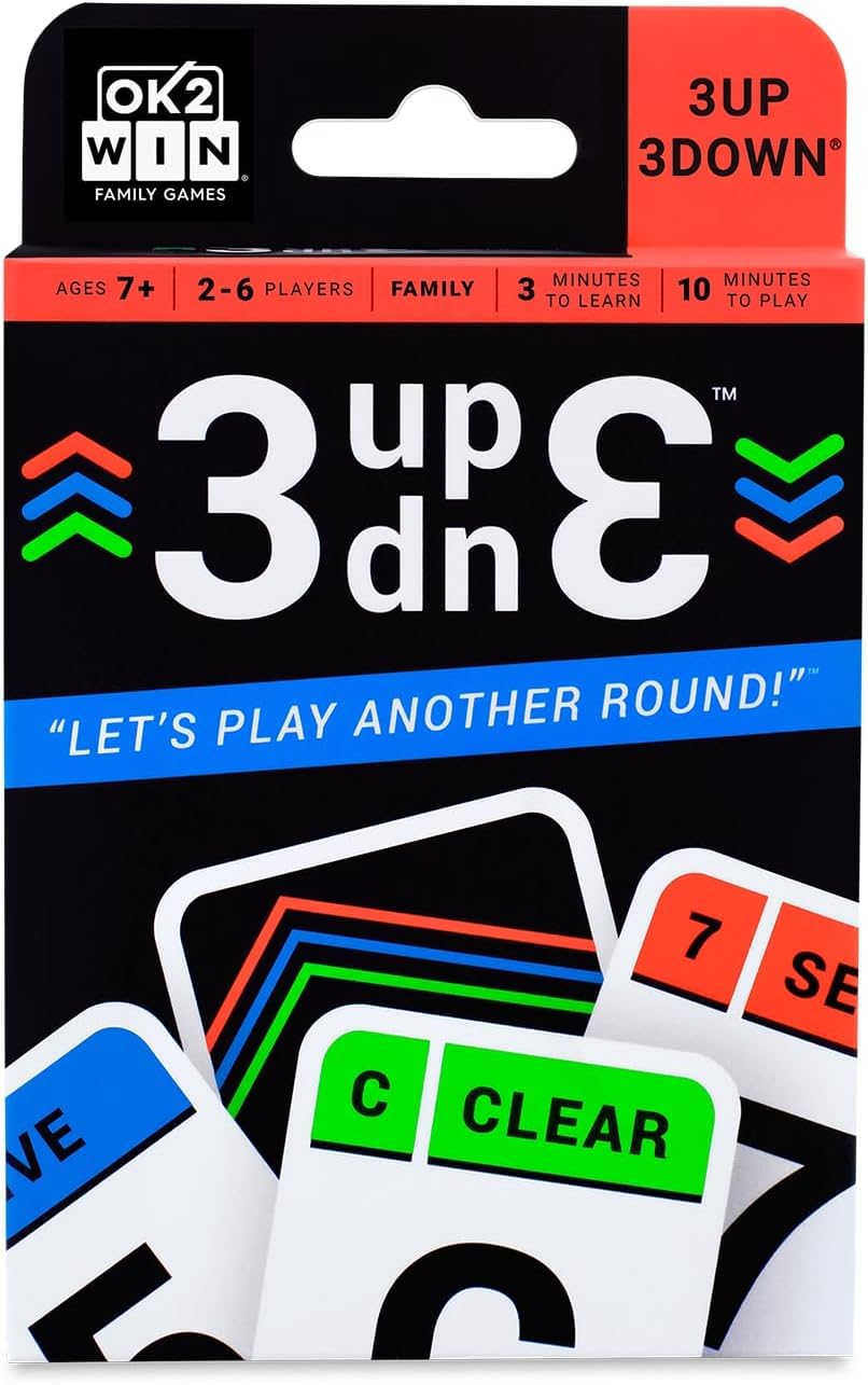 Ok2Win 3UP 3DOWN box front with colorful cards for quick family fun.