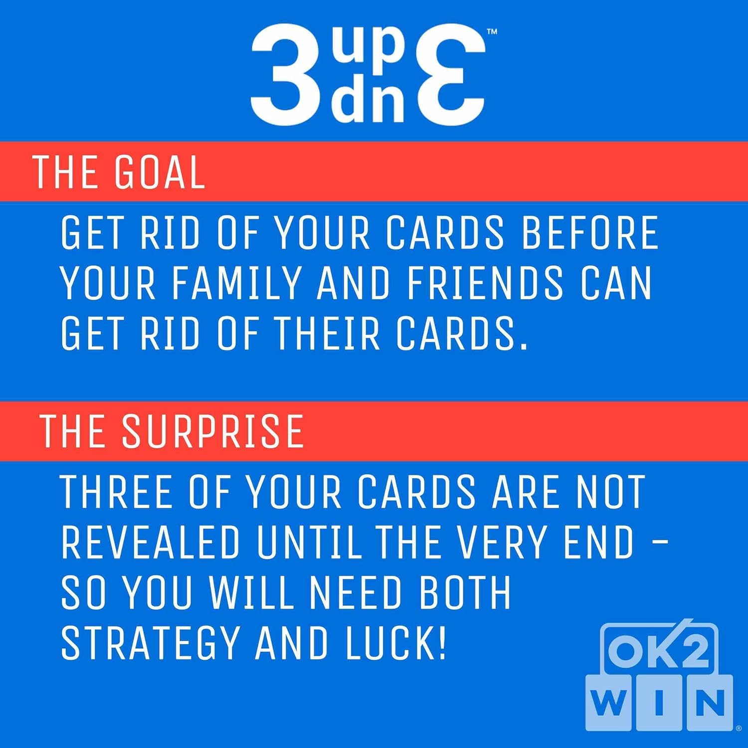 Ok2Win 3UP 3DOWN instruction card detailing simple setup.