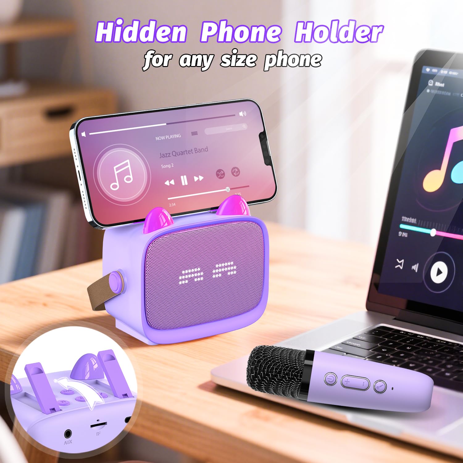 Okaloka mini karaoke LED RGB lights create vibrant party ambiance.