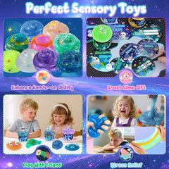 Okaybee Galaxy Adventure slime color palette highlights Nebula Purple and Cosmic Blue tones.