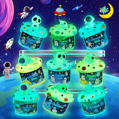 Okaybee Galaxy Adventure slime glow add-ins create sparkling color mixtures.
