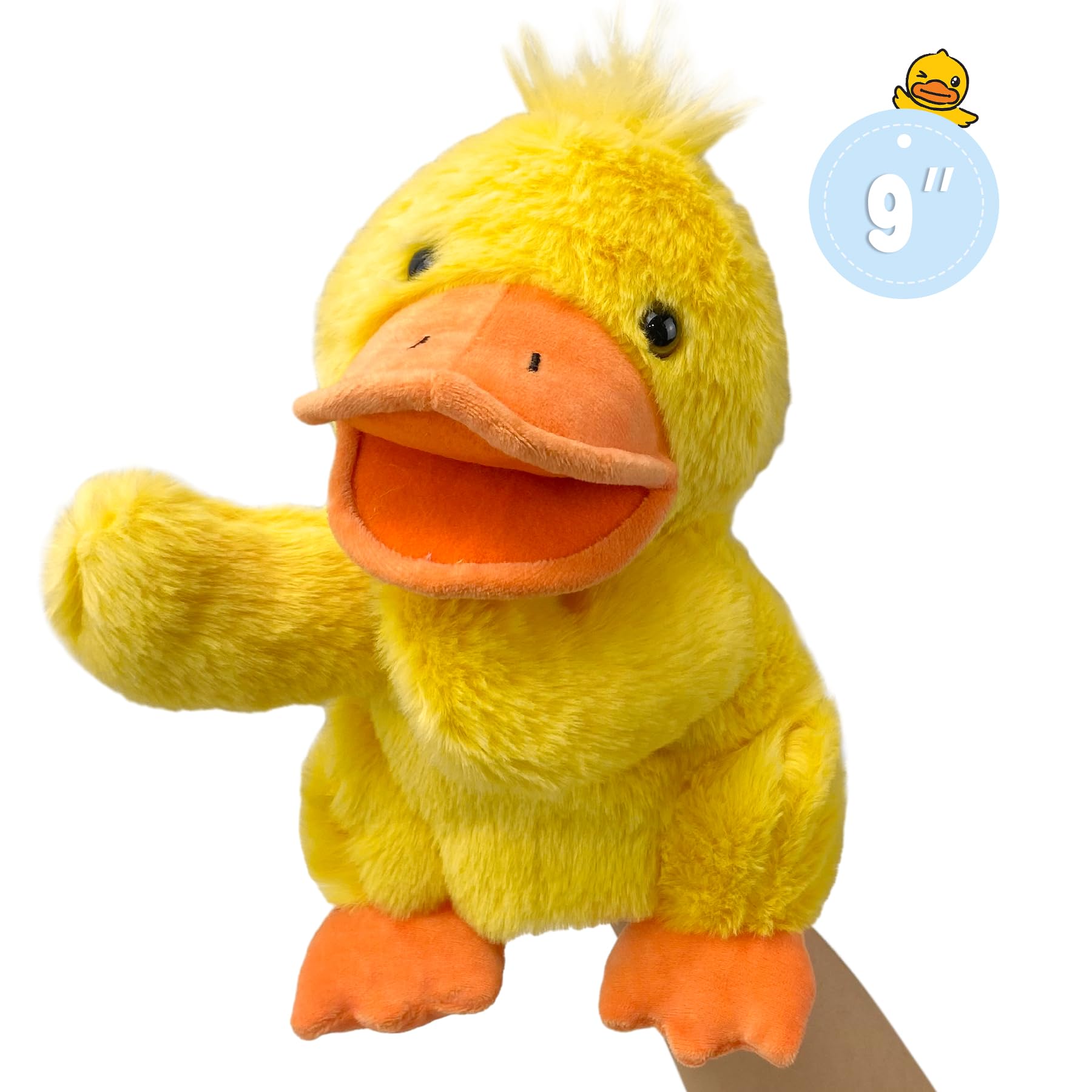 Okegztoa duck puppet with movable mouth invites expressive play.