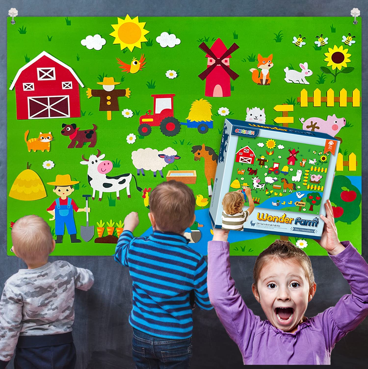 OKGIUGN 3-6-foot felt background sets a bright farm scene for open-ended play.