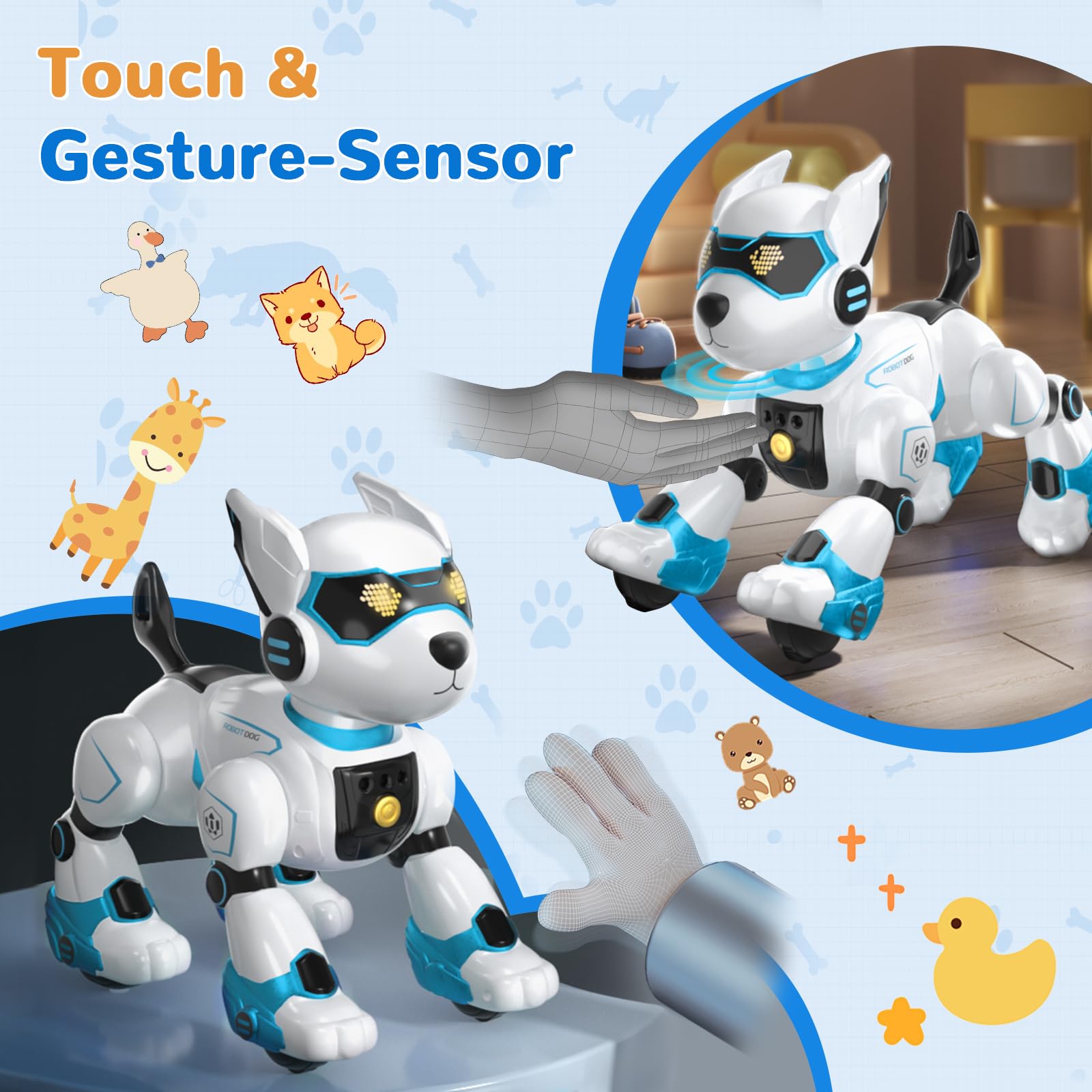 okk Robot Dog imitates 10 animal sounds for immersive pretend play.