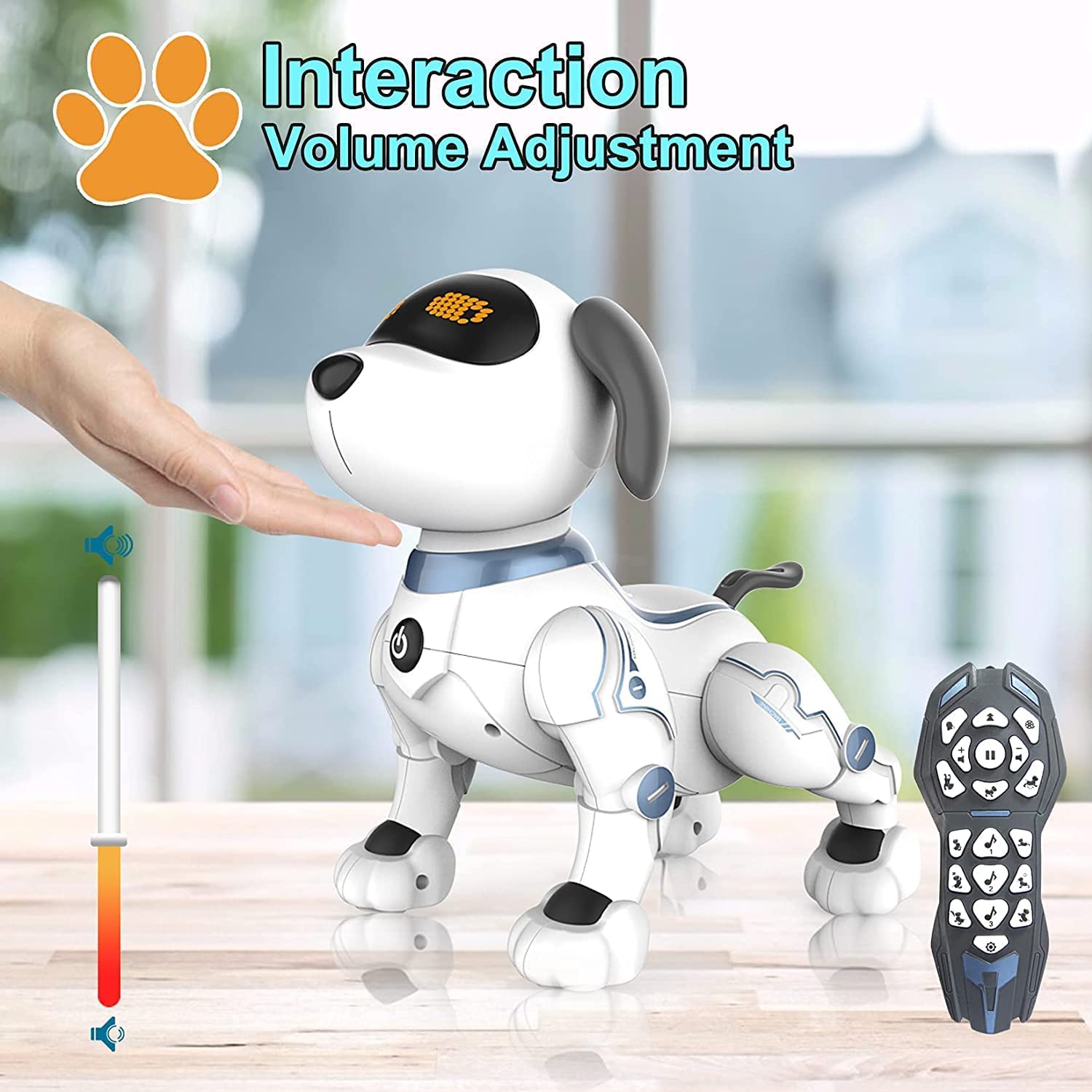 OKK Robot Dog chin-tap interaction triggers playful moves.