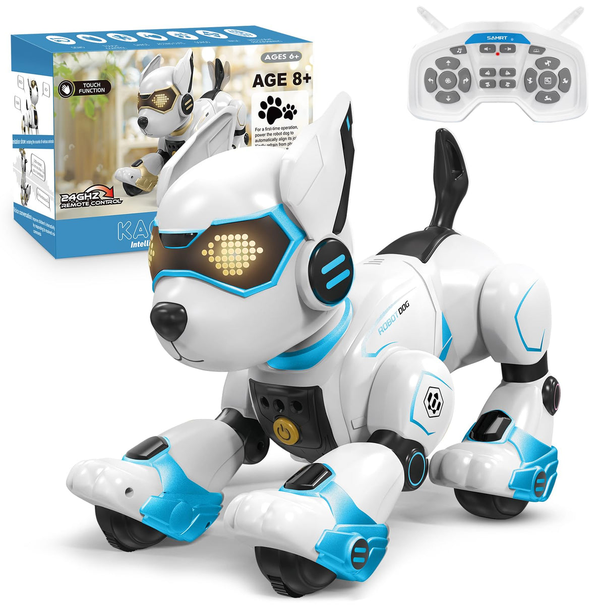 okk Robot Dog for kids with remote control and LED eyes for interactive play.