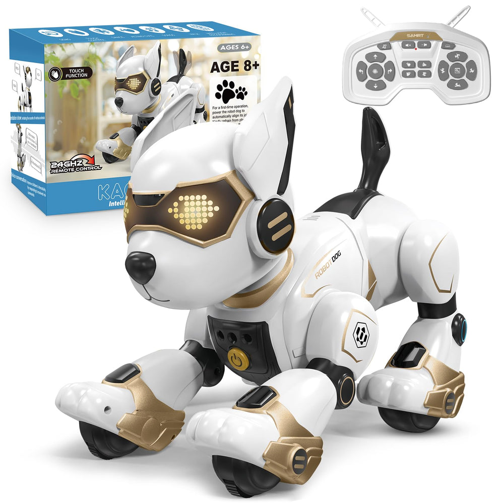 okk Robot Dog front view with friendly LED eyes and inviting pose for imaginative play.