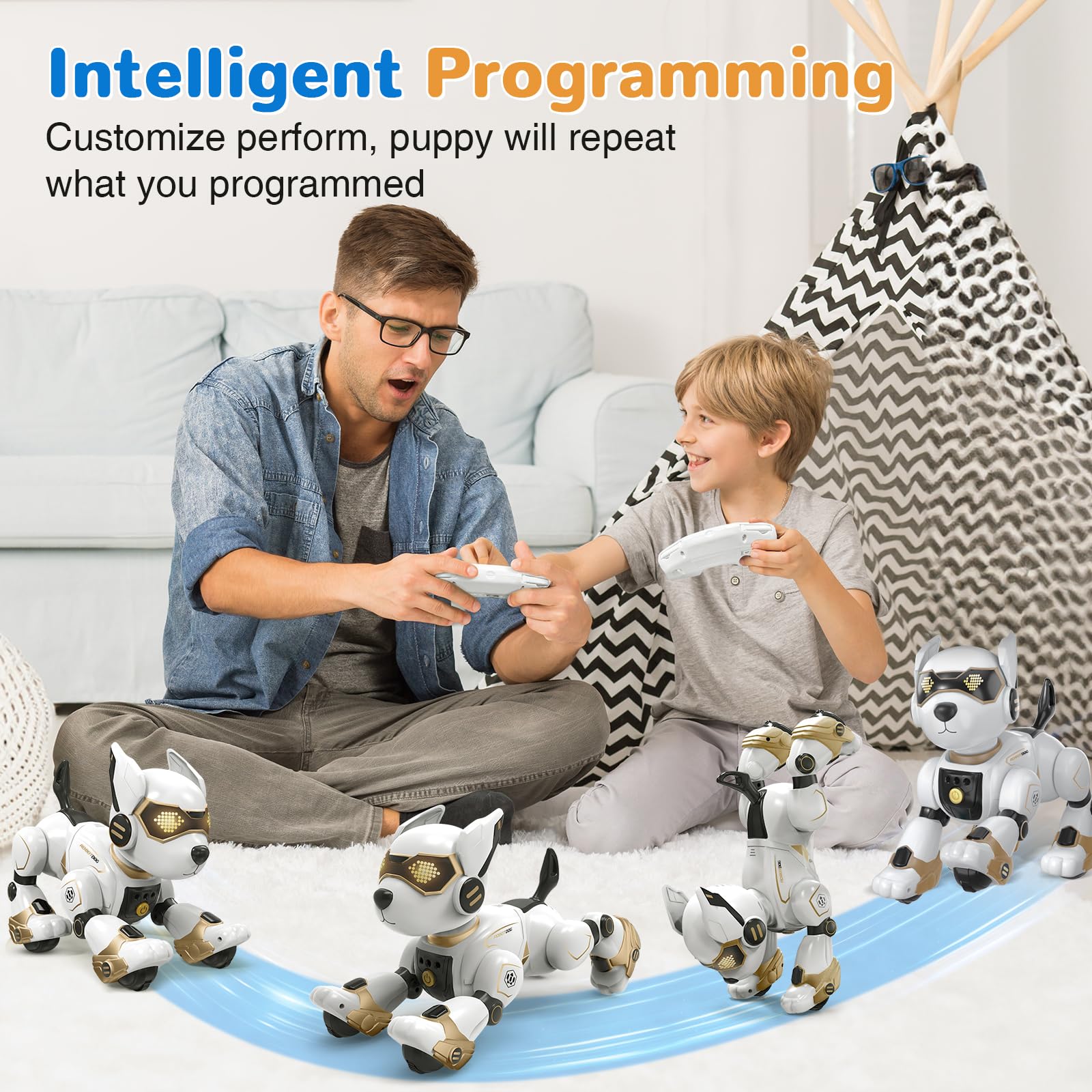 okk Robot Dog programming sequence illustrating customizable movements and routines.