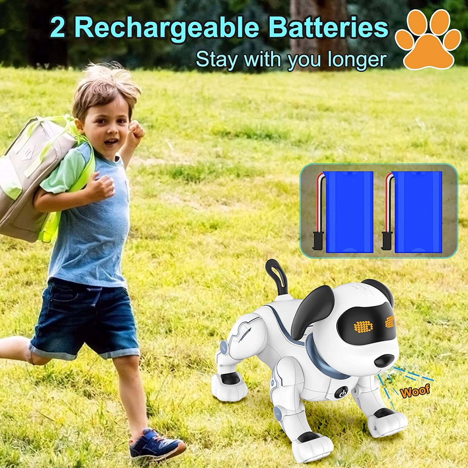 OKK Robot Dog includes two rechargeable batteries for longer play.