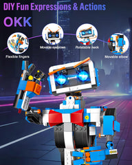 okk STEM robot toy expressive-face close-up highlights eyes and expressions.