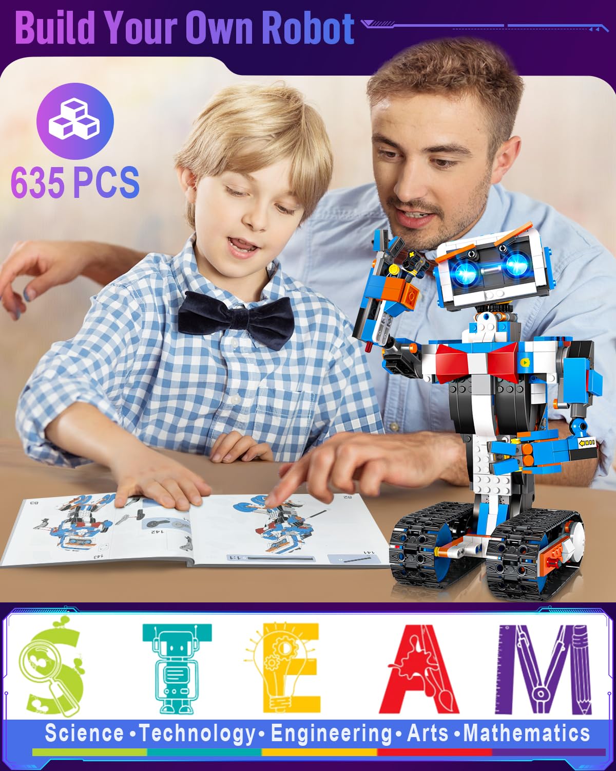 okk STEM robot toy side view highlights modular pieces that grow with kids.