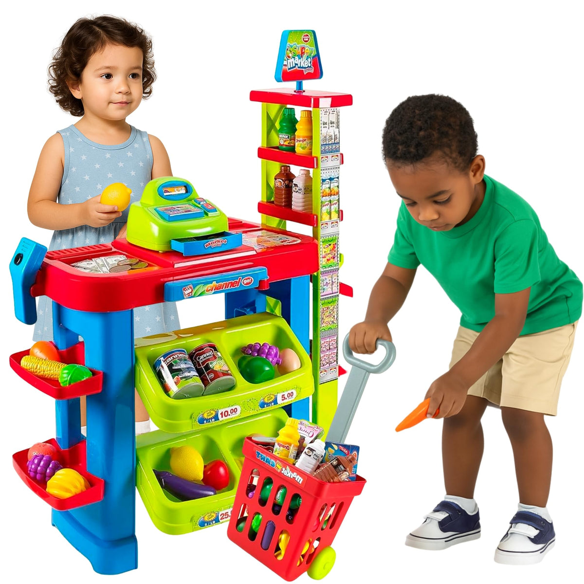 OLEOCA supermarket playset cart in motion boosts imaginative shopping play