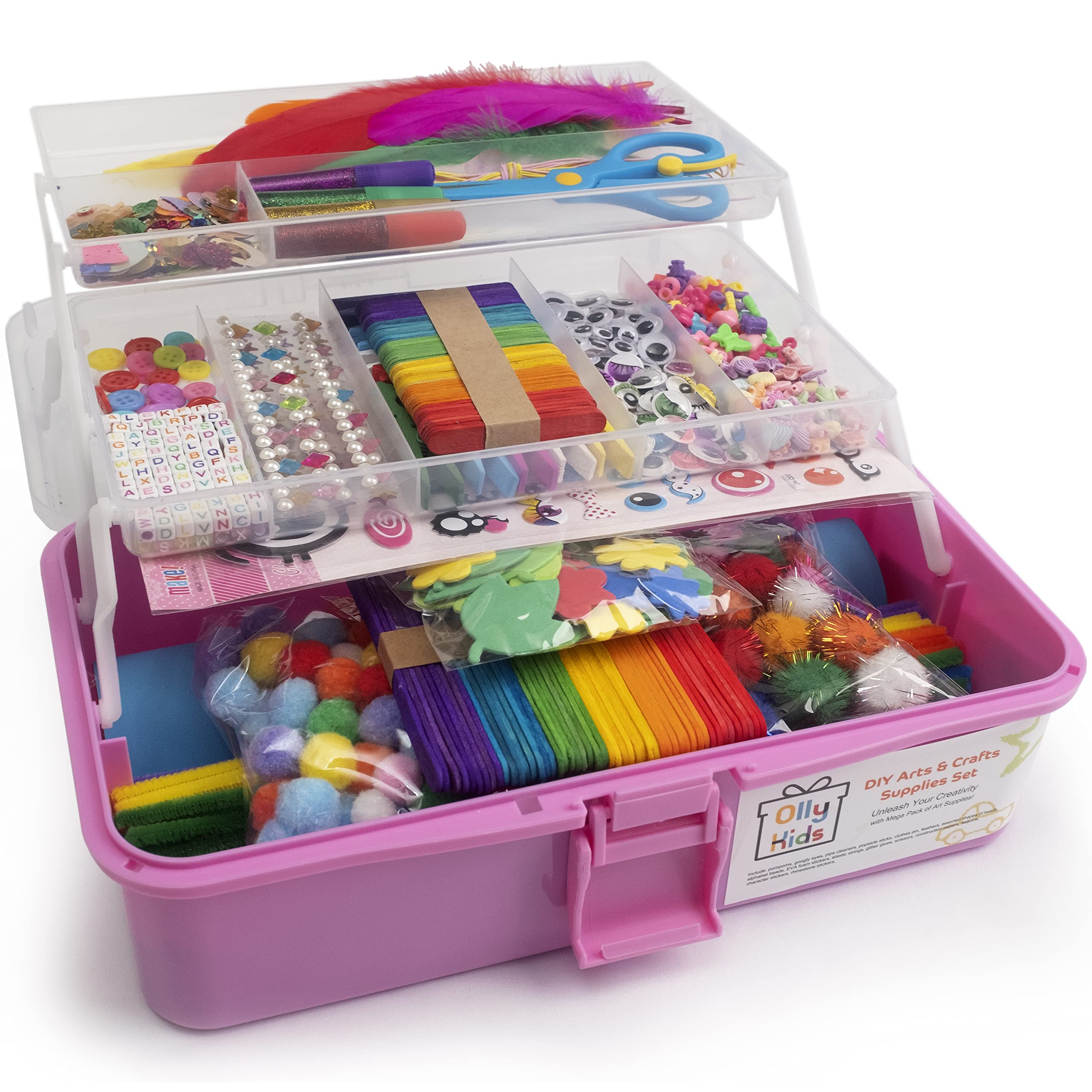 Olly Kids Arts Craft Box lid open, organized compartments for quick access to supplies.