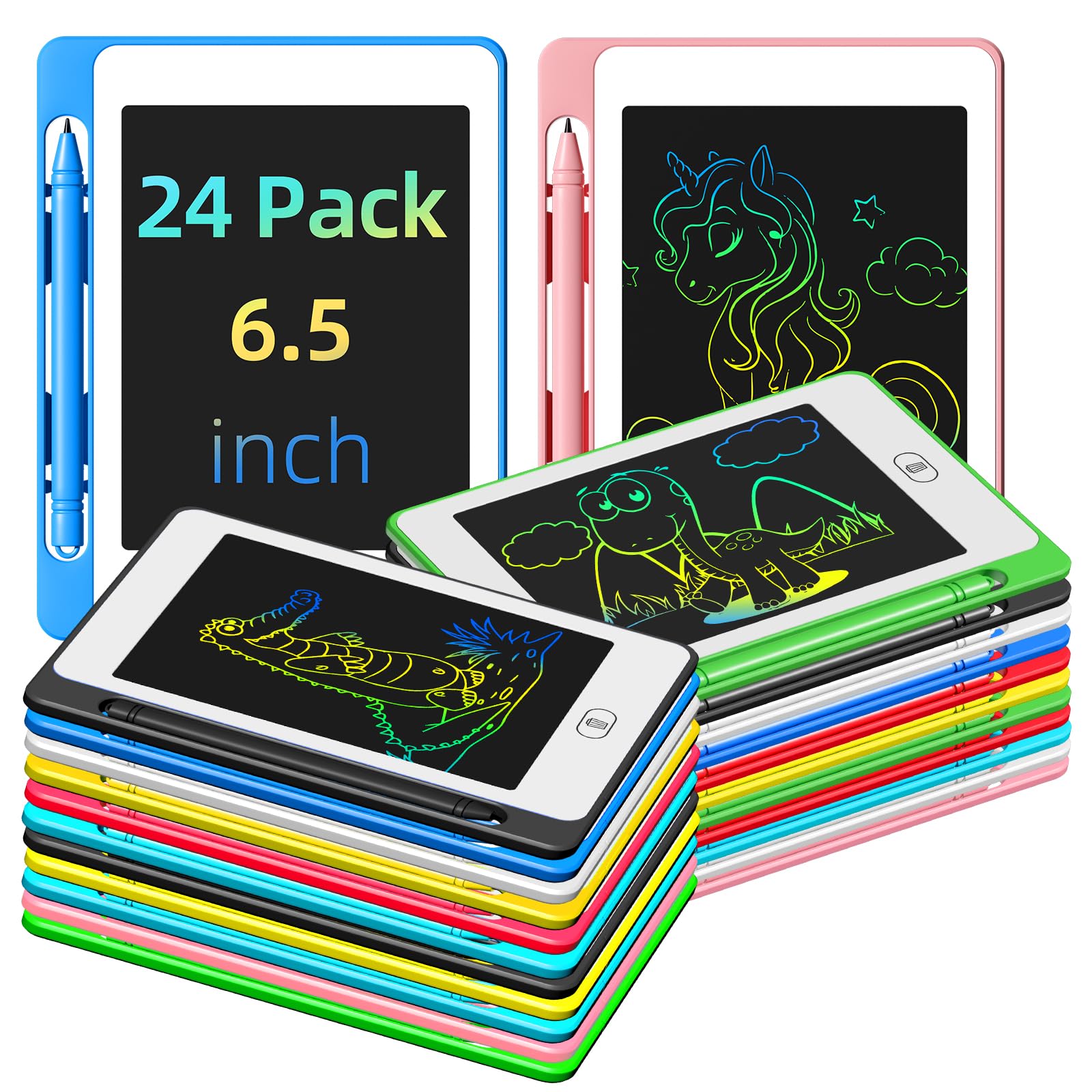 OMXDG 24-pack LCD tablet front view with bright colors for learning and creativity