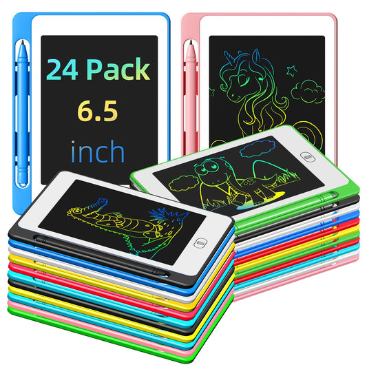 OMXDG 24-pack LCD tablet front view with bright colors for learning and creativity