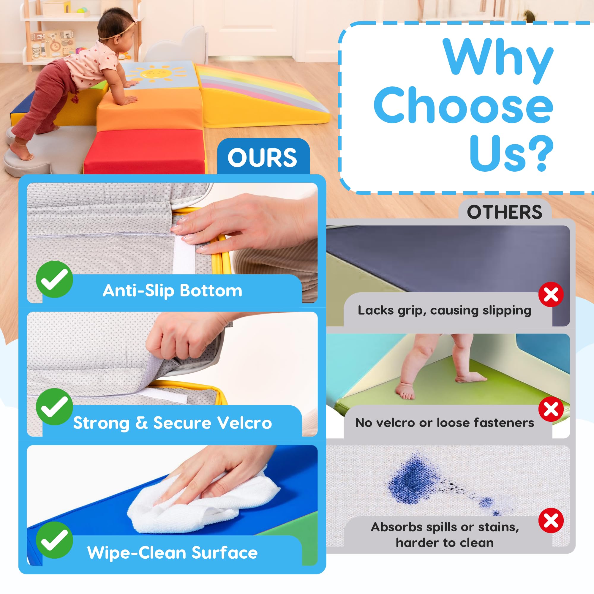 Once Upon a Cloud vegan PU leather cover, easy to wipe clean after messy sessions.