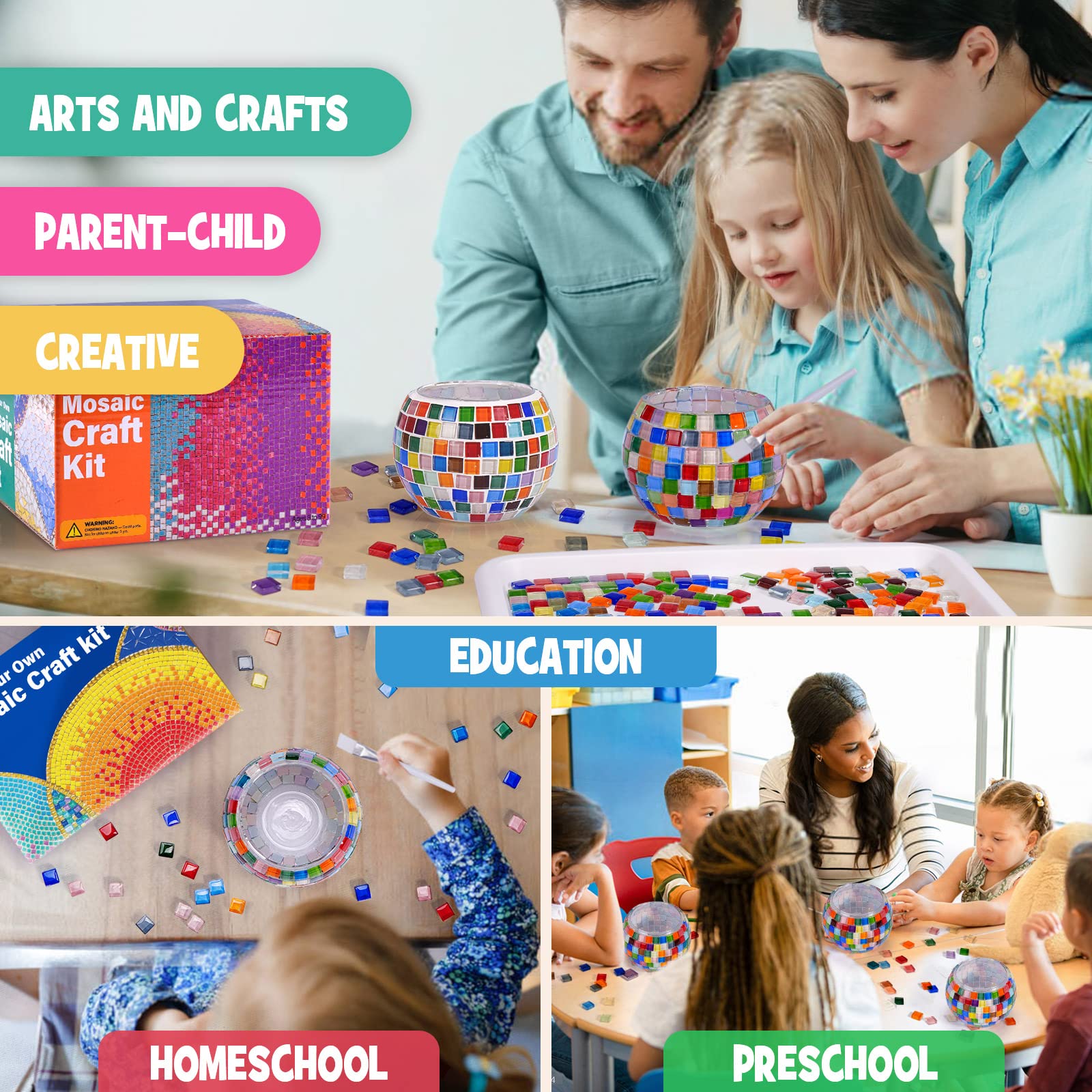 ONE TO FOUR family-friendly crafting session shown with mosaic kit for bonding