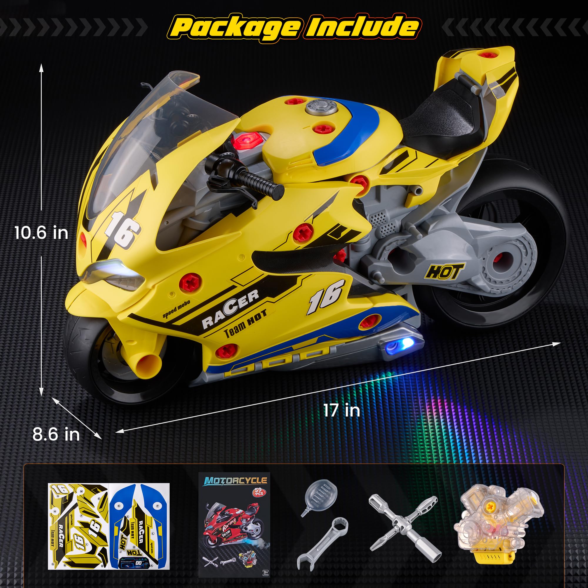 ONEANU motorcycle toy with lights and sound enhances imaginative play.