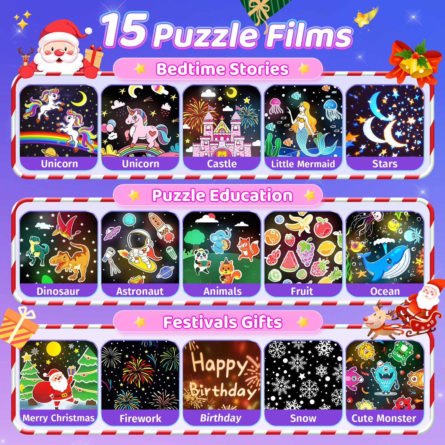 One Fire star projector features 15 films for varied ceiling scenes.