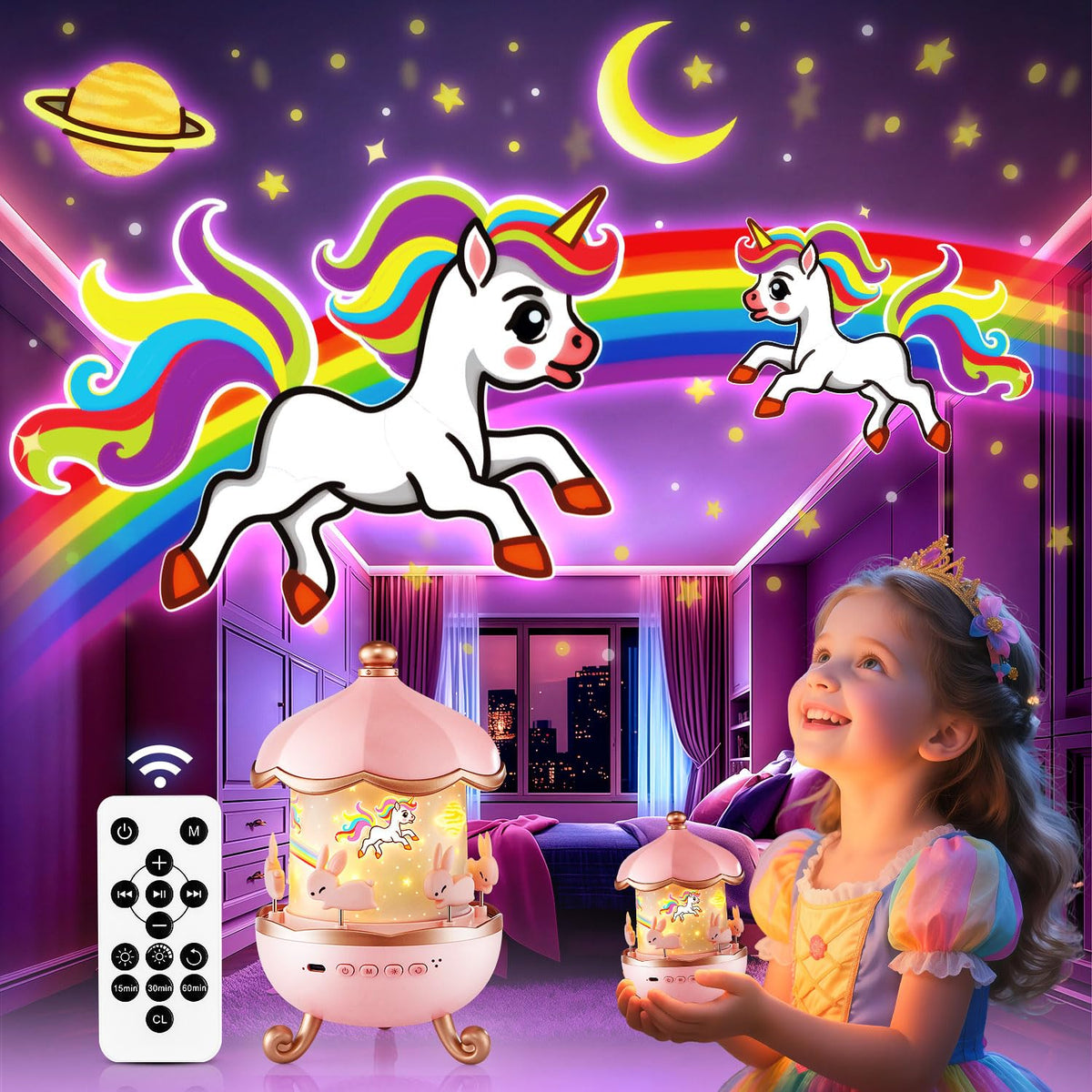 One Fire star projector casts magical stars across the kids' room for dreamy nights.