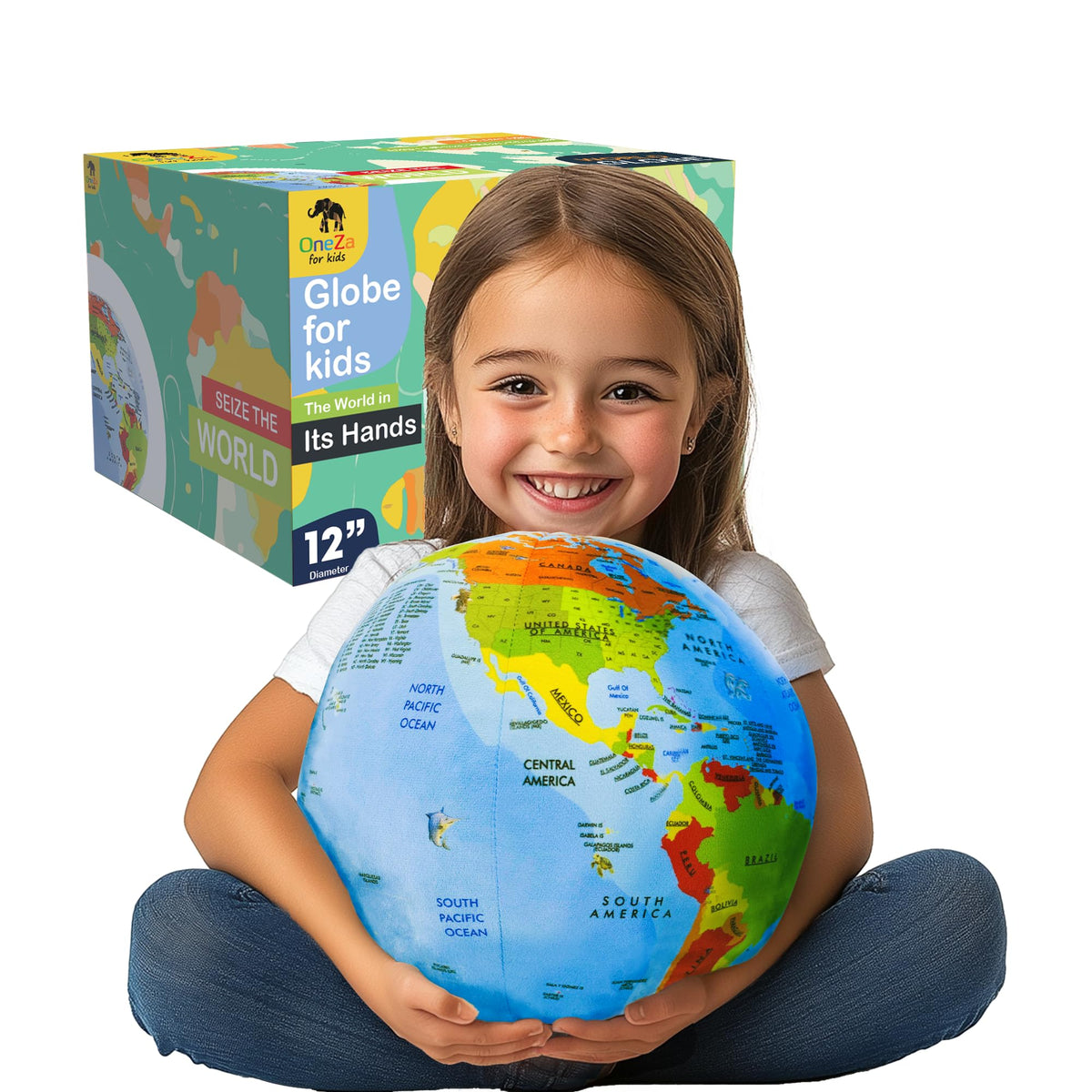 OneZa 12-inch soft world globe for kids with bright colors and safe, squeezable play