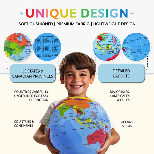 OneZa soft globe designed for playtime and hands-on geography learning