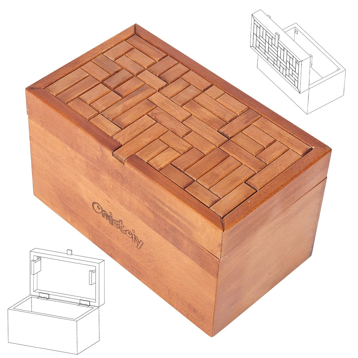 Onietoiy 32-step puzzle box closed, showcasing sturdy beech wood for durable desk play.