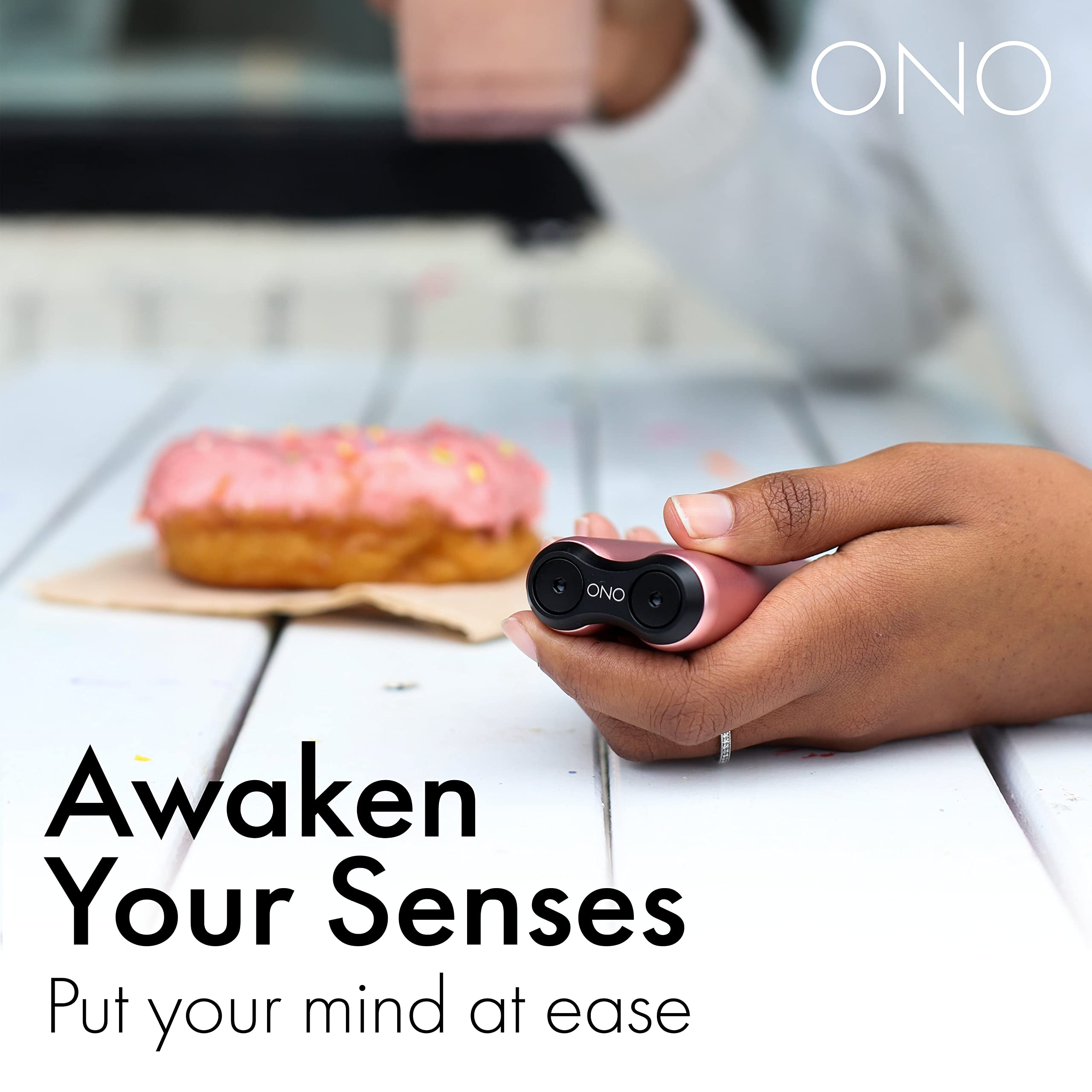 ONO Roller rose gold compact size fits pockets for quick calm moments.