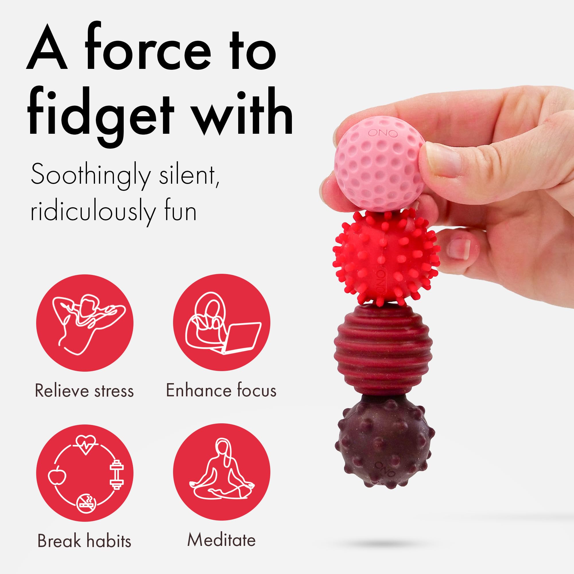 ONO Signets silicone balls with four textures provide varied sensory feedback.
