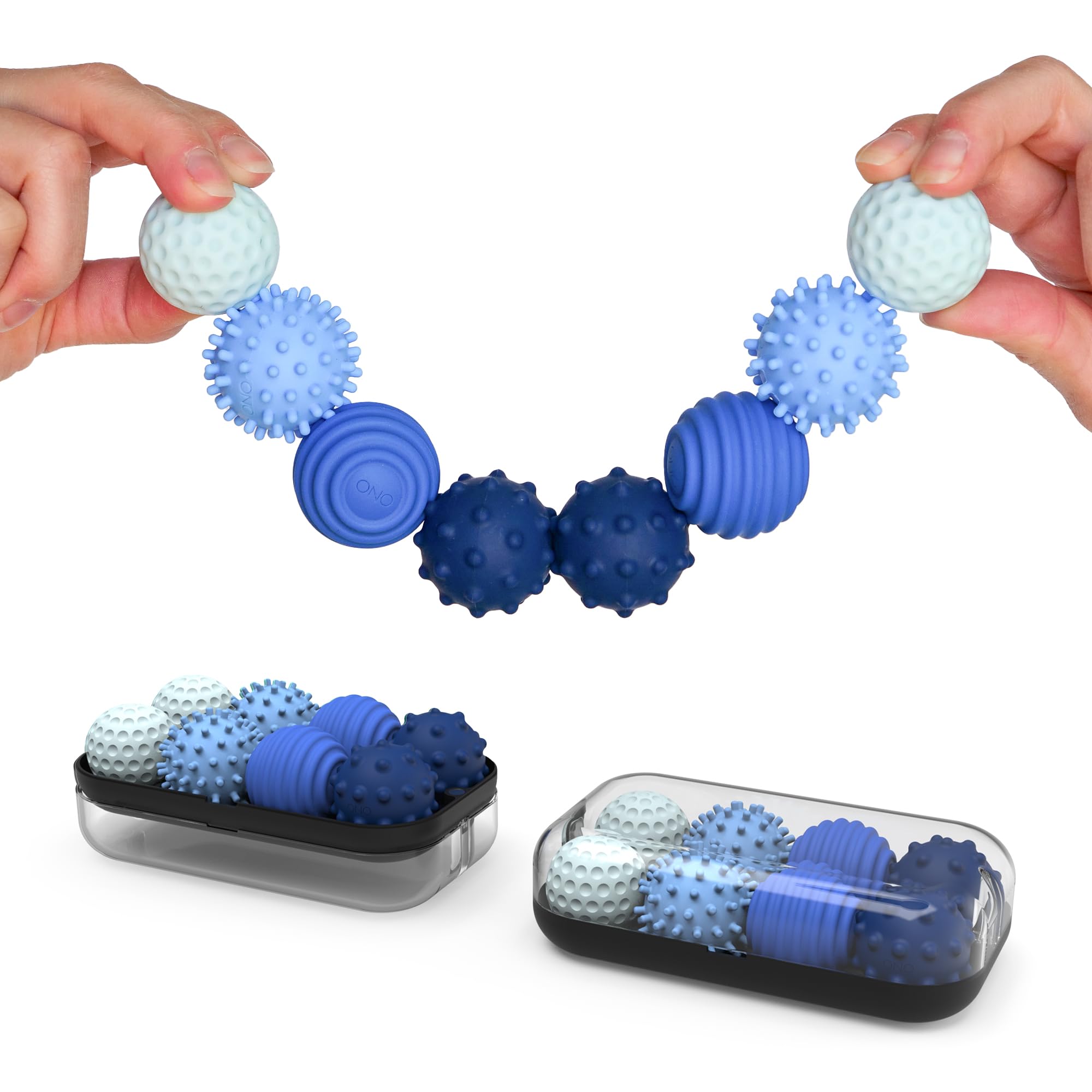 ONO Signets silicone magnetic balls with textured dimples for tactile stress relief.