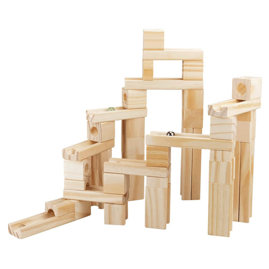 Onshine 60-piece wood block set highlights versatile building options and open-ended play.