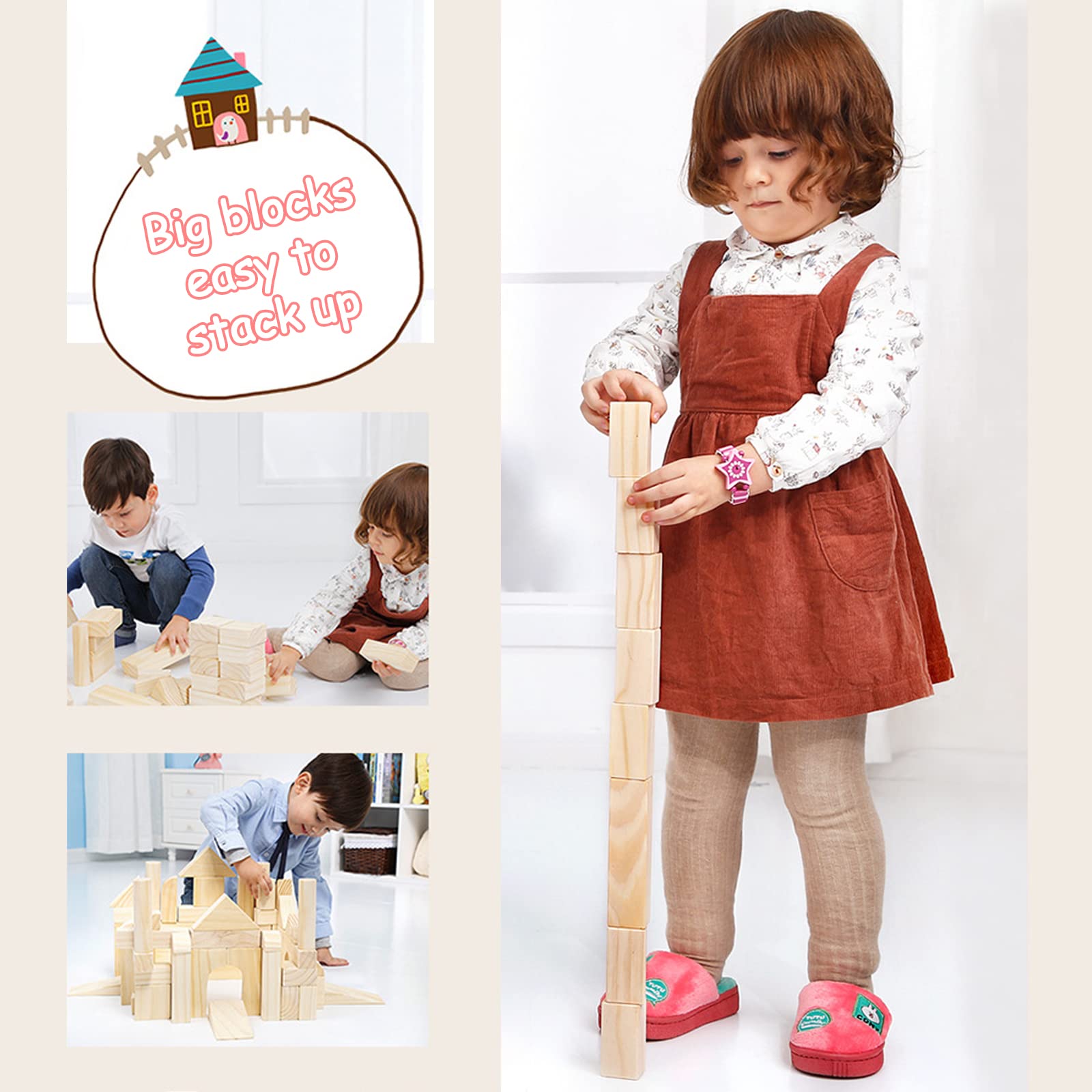 Onshine kids build castles and structures with wooden blocks