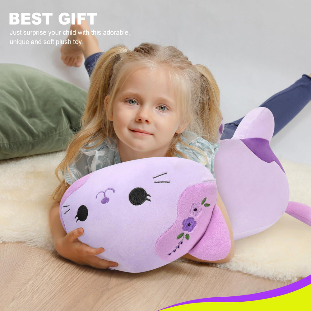 Onsoyours Lavender Cat Plush in bedtime snuggle pose