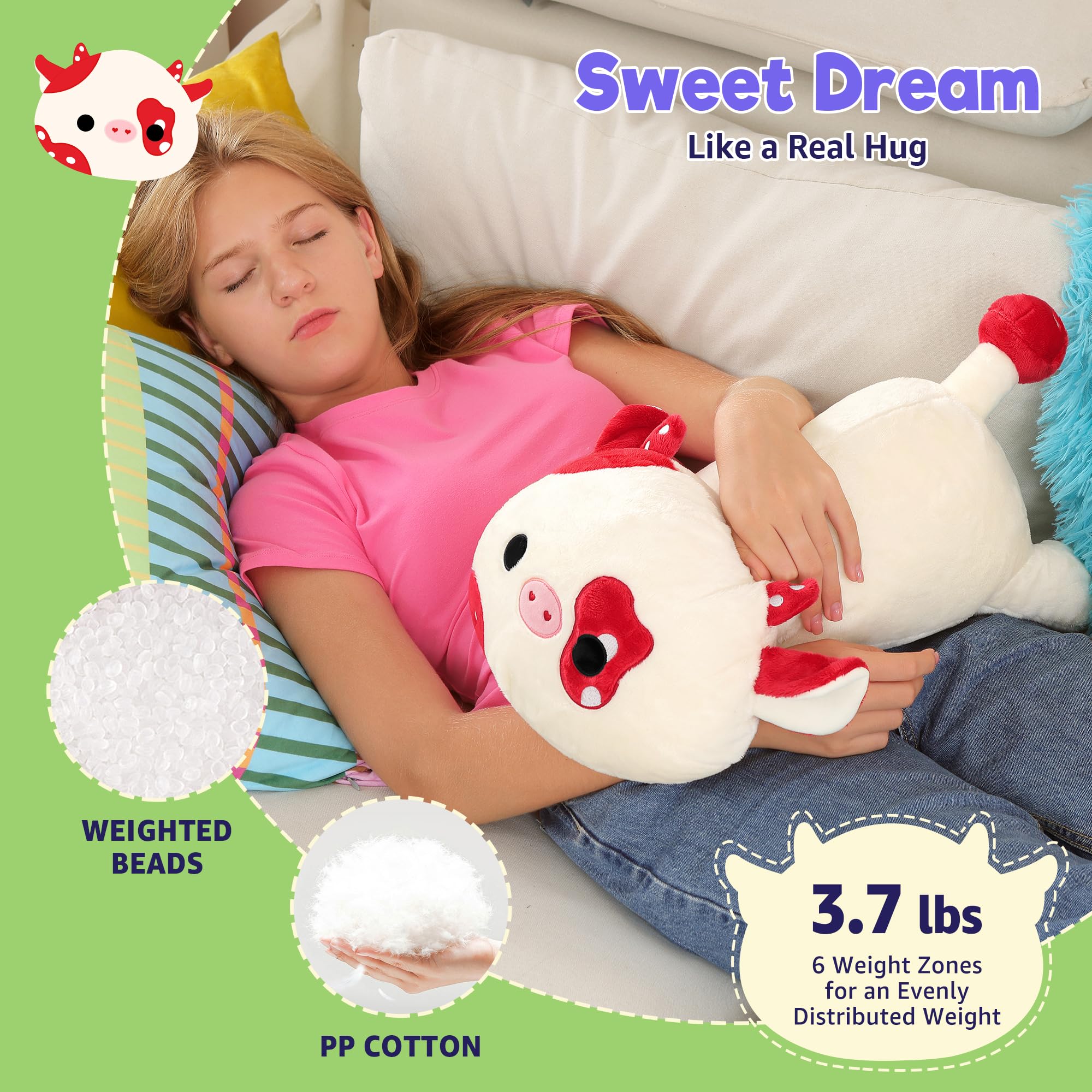 Onsoyours mushroom cow weighted plush headwear detail highlighting character