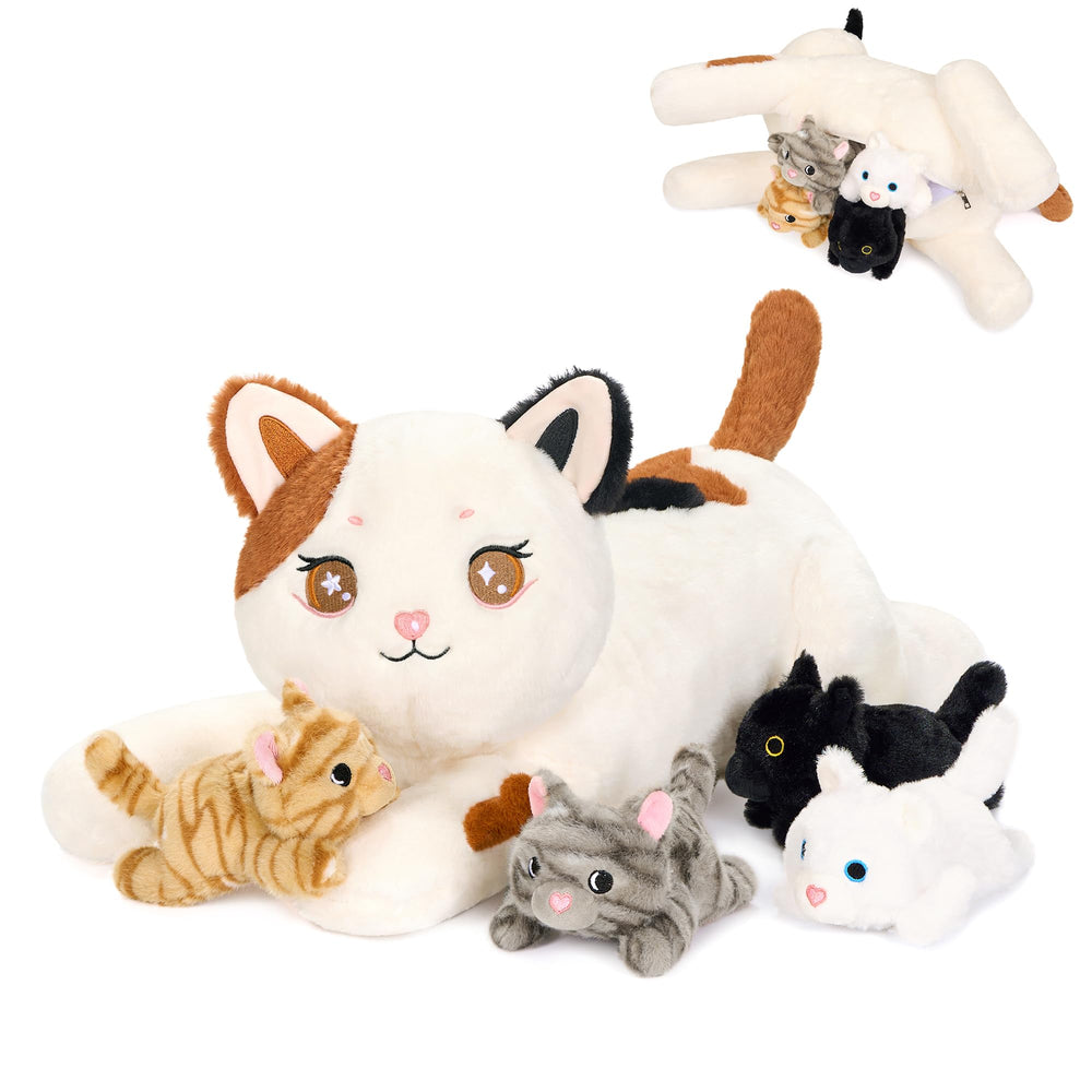 Onsoyours mommy cat with four kittens in a cozy belly pouch for gentle play