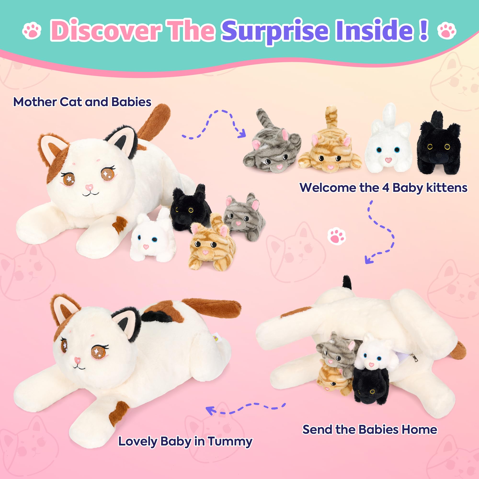 Onsoyours kawaii cat toy set featuring a white calico mother and four babies