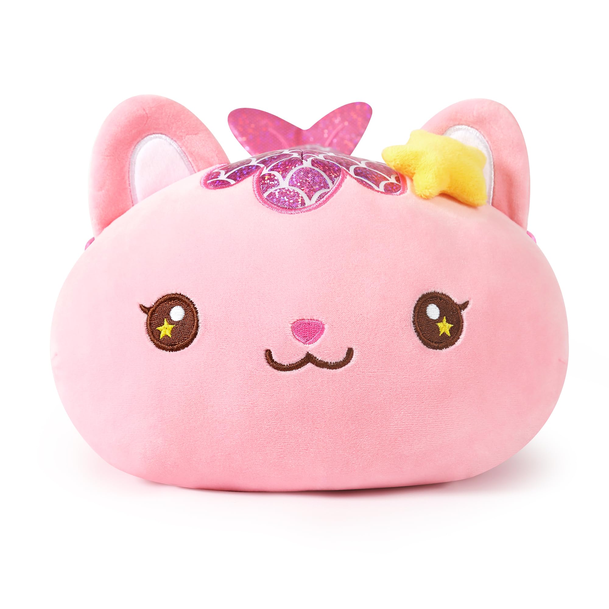 Onsoyours pink cat mermaid plush close-up, showcasing soft skin-friendly fabric.